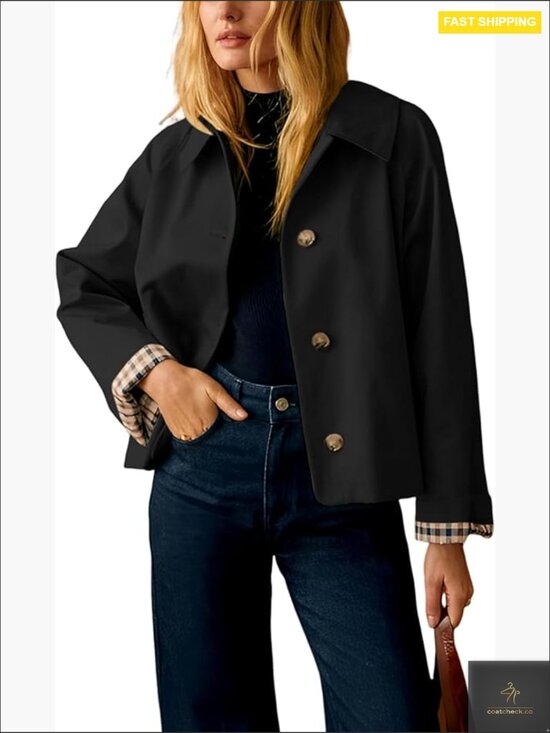 Jackets & Blazers - Short Plaid Trench Coat Button Down Lapel Jacket Loose Fit